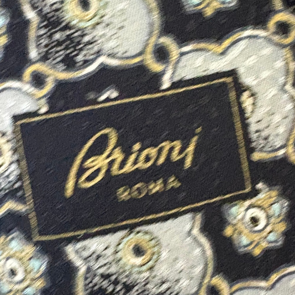 Brioni Roma Mens Silk Tie Black Grey Gold Geometric Medallion Pattern Italy